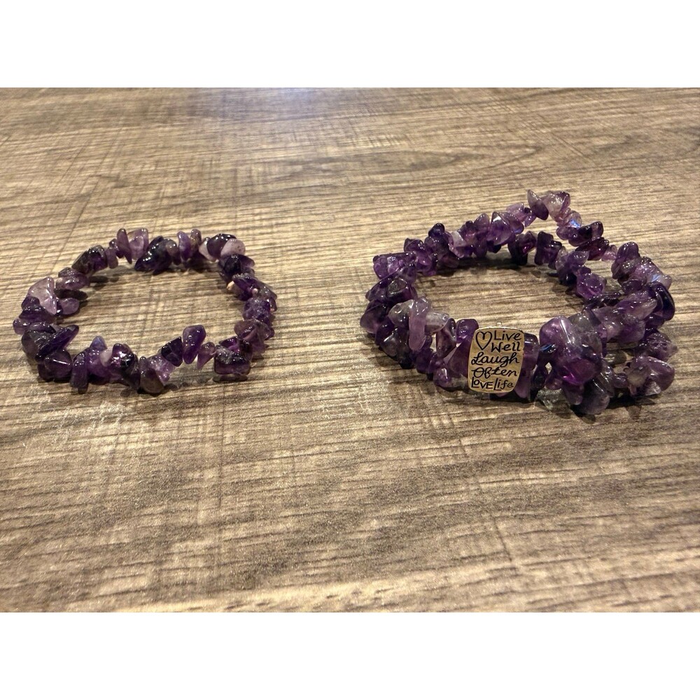 2pc Amethyst Crystal Chip Stretch Bracelet Set Live Laugh Love Charm Lot